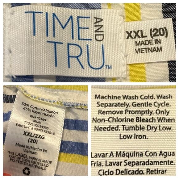 Time and Tru Dress V-neck Ruffle Sleeve Yellow Blue Stripe Women’s Size XXL - Picture 10 of 11